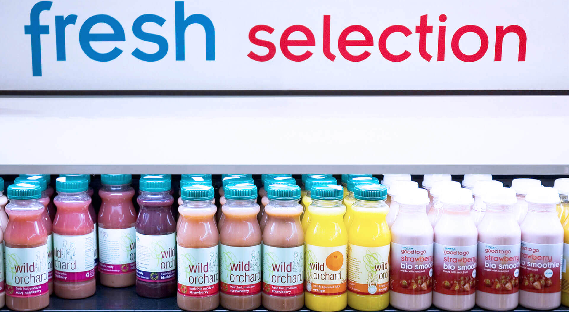 Centra "Good To Go Bio Smoothies" own label packaging design on a supermarket shelf.