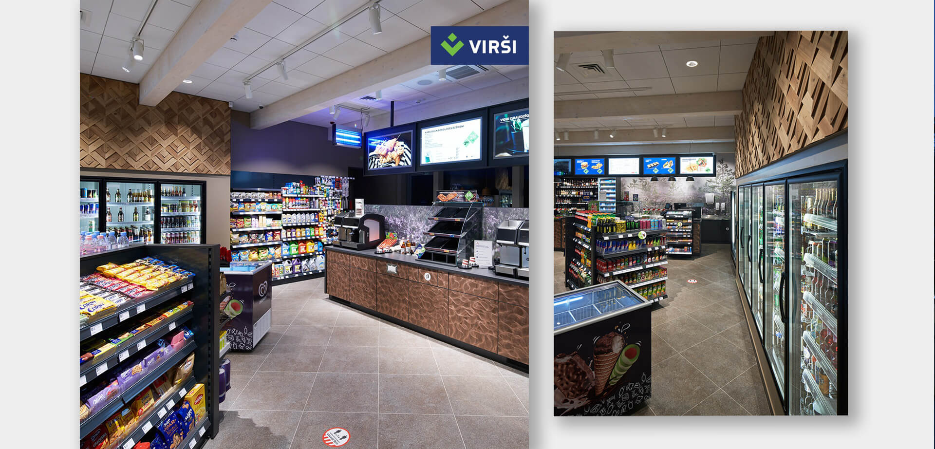Der Convenience-Store besticht durch einen hellen, offenen Grundriss mit stimmungsvoller Beleuchtung und warmen Holzelementen, die eine einladende Atmosphäre schaffen. Das Sortiment umfasst eine große Auswahl an Snacks, Getränken und Fertiggerichten für unterwegs, ergänzt durch Kaffee der Eigenmarke. Alle Produkte sind übersichtlich in ansprechend gestalteten Vitrinen und an Theken präsentiert und laden zum Spontankauf ein.