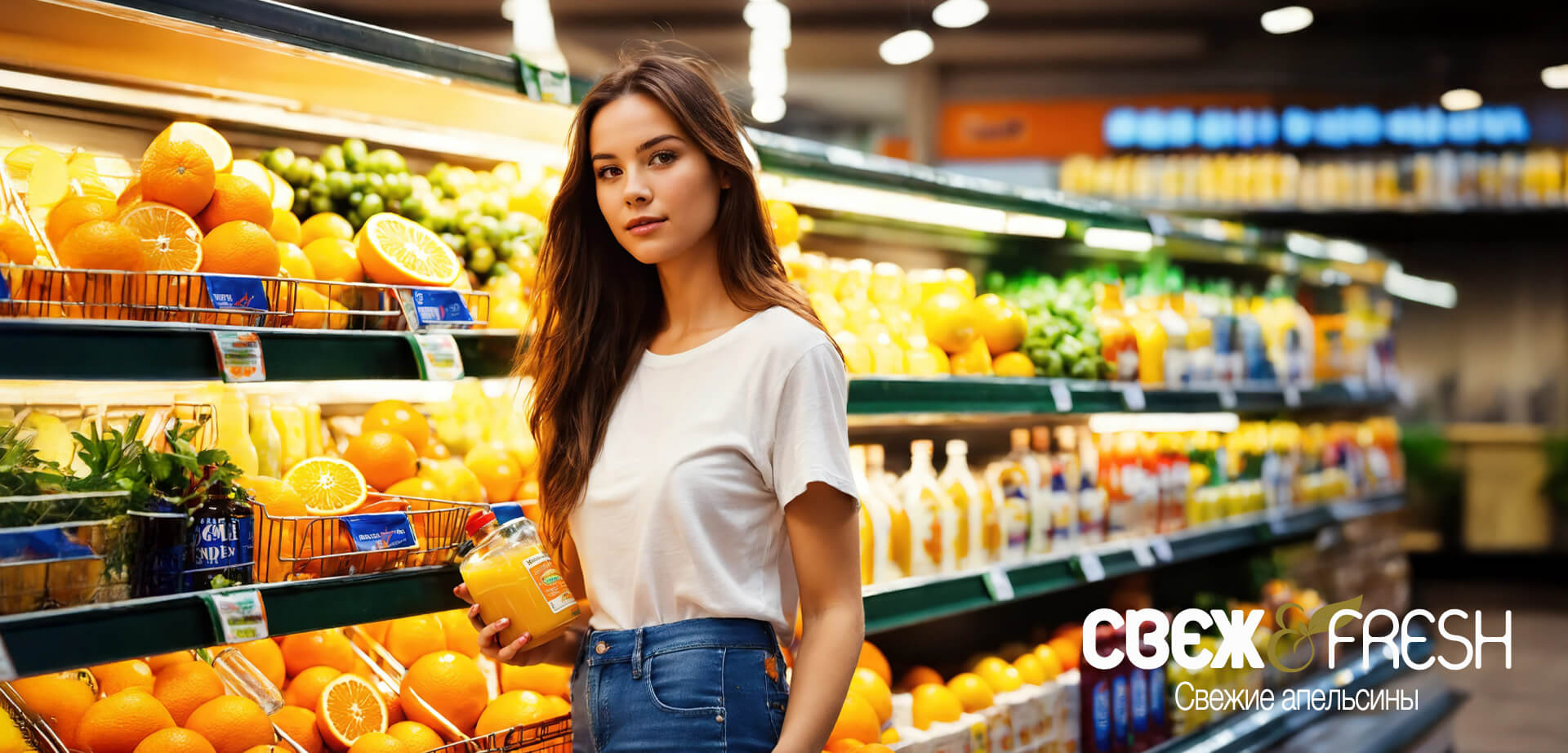 Fresh & Fresh branding of fruit and vegetable department - Fresh Oranges and juice.