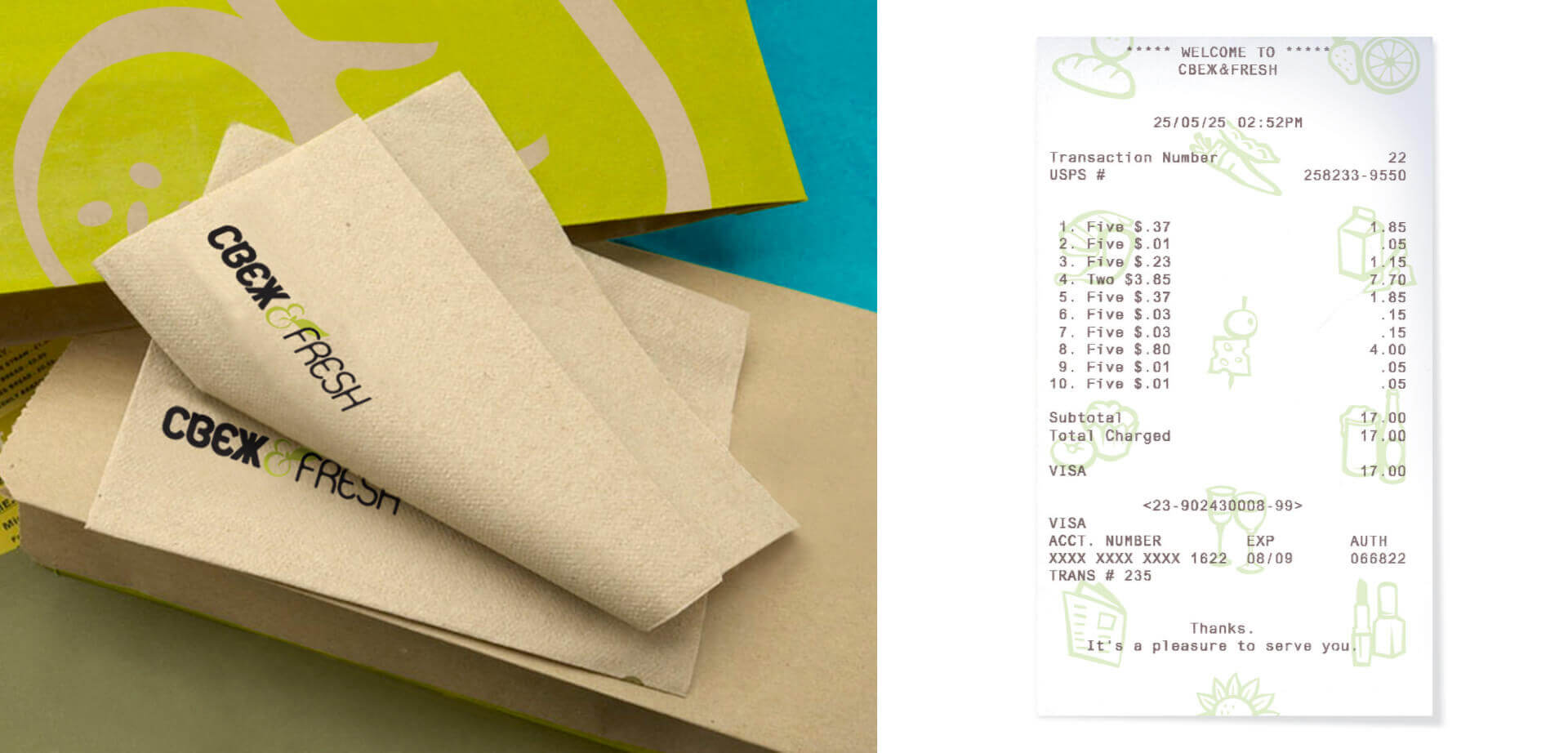 The image displays a receipt from a business named "CBEX Fresh" on the right, alongside branded paper napkins on the left.