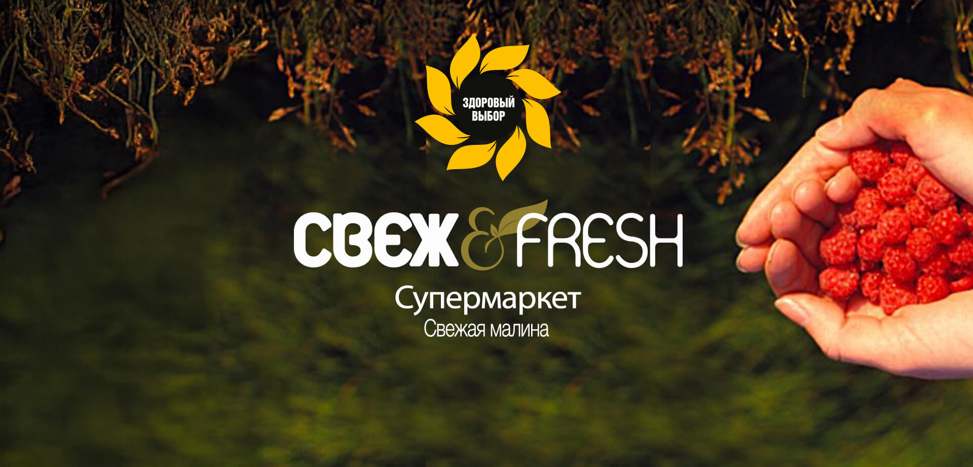 СВЕЖ & FRESH (Svezh & Fresh) Supermarket, Fresh raspberries. Slogan: "ЗДОРОВЫЙ ВЫБОР" (Healthy Choice)