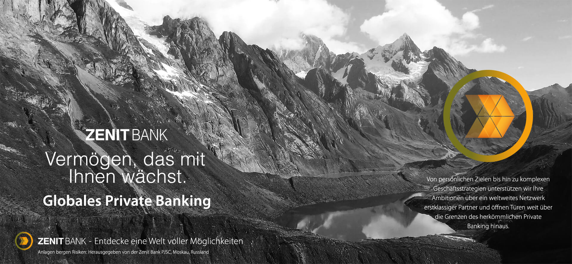 Zenit Bank – Entdecken Sie eine Welt voller Möglichkeiten. Vermögen, das mit Ihnen wächst. Von persönlichen Zielen bis hin zu komplexen Geschäftsstrategien unterstützen wir Ihre Ambitionen durch ein weltweites Netzwerk erstklassiger Partner und eröffnen Ihnen Türen weit jenseits des herkömmlichen Private Banking. Globales Private Banking. Zwei Personen paddeln mit dem Kajak in Richtung der Berge in Grönland. Zenit Bank – Entdecken Sie eine Welt voller Möglichkeiten. Vermögen, das mit Ihnen wächst. Von persönlichen Zielen bis hin zu komplexen Geschäftsstrategien unterstützen wir Ihre Ambitionen durch ein weltweites Netzwerk erstklassiger Partner und eröffnen Ihnen Türen weit jenseits des herkömmlichen Private Banking. Globales Private Banking. Blick auf die Schweizer Alpen.