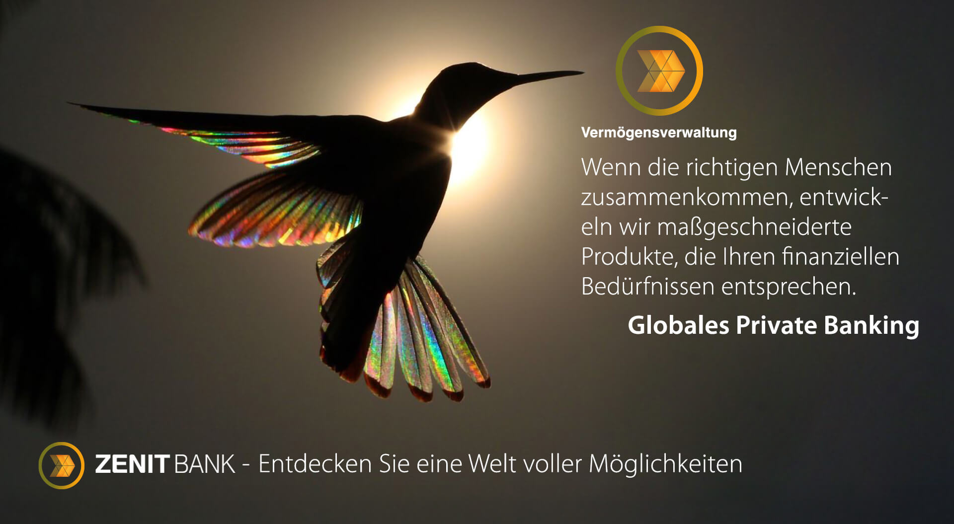 Das Bild ist eine Werbung für einen „Global Private Banking“-Service, der Vermögensverwaltungslösungen anbietet, um Kunden bei der Erreichung ihrer finanziellen Ziele durch diskretionäre Anlageoptionen zu unterstützen.