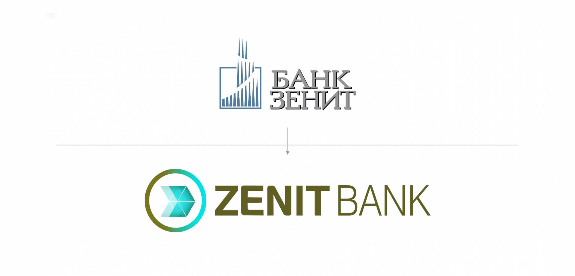 The image displays the brand identity evolution for Zenit Bank, a Russian financial services provider. It shows the transition from an older, traditional logo to a more modern, contemporary design. 