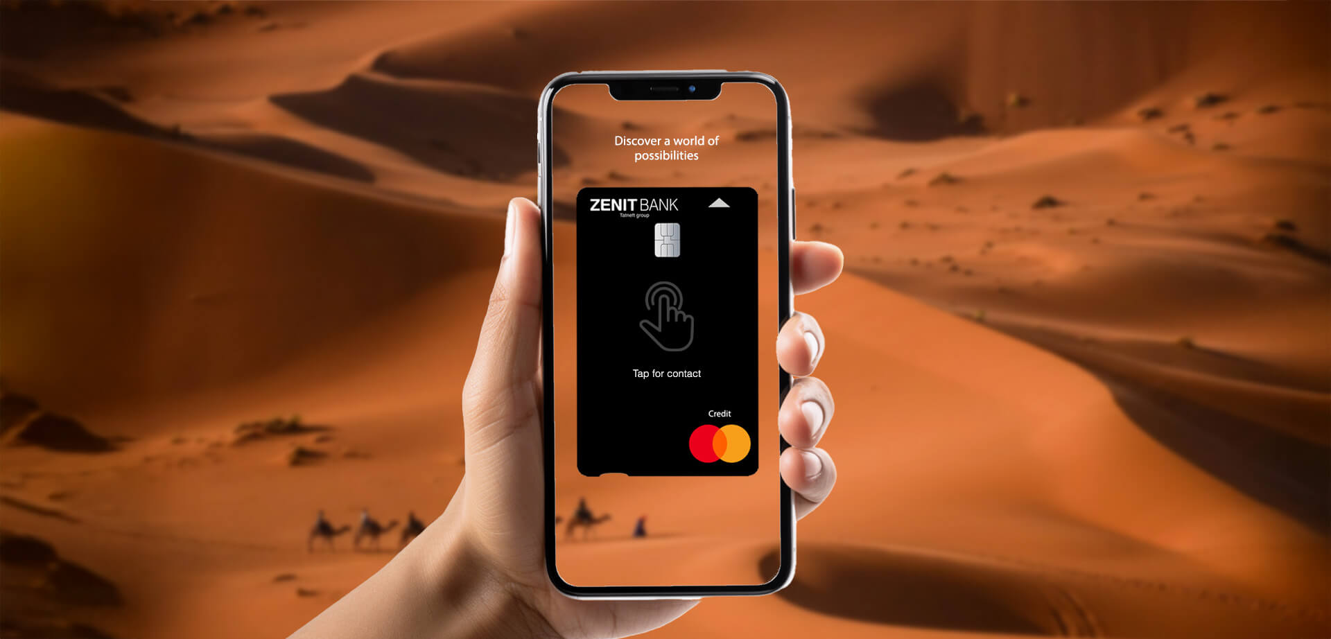 The image is an advertisement for the Zenit Bank mobile application, showcasing a credit card product with a "Tap for contact" feature. 