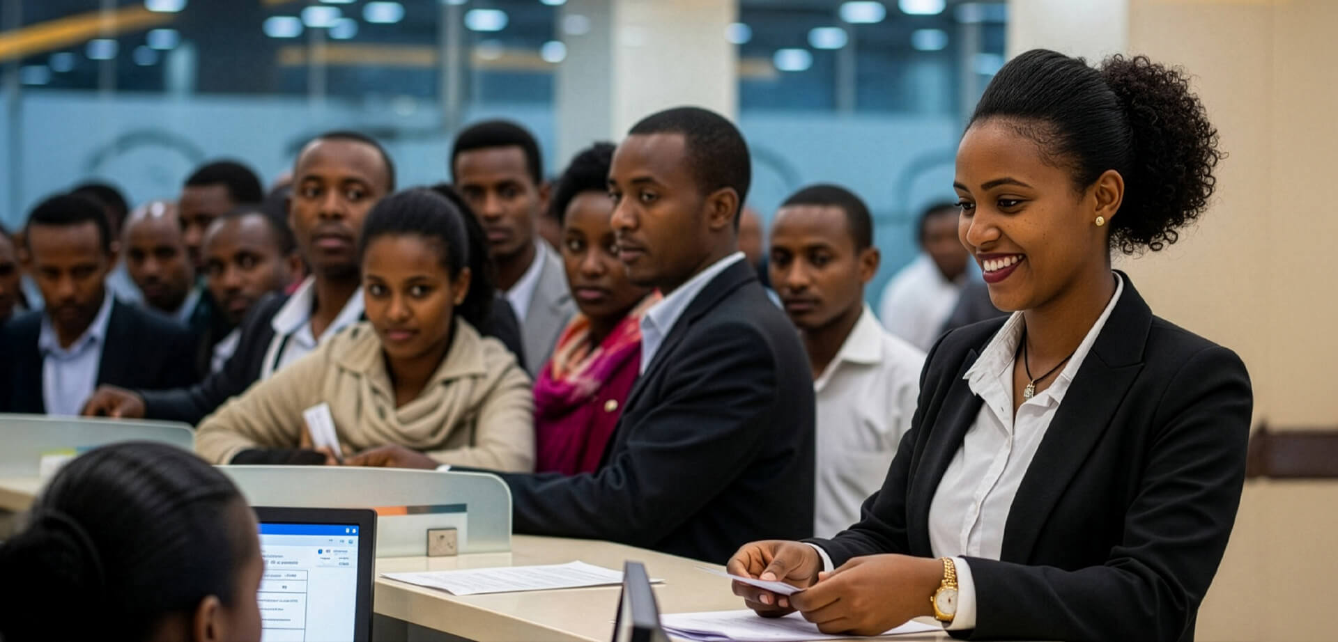 A group of people in Lloyds bank lobby, likely waiting for service or interacting with bank staff.
