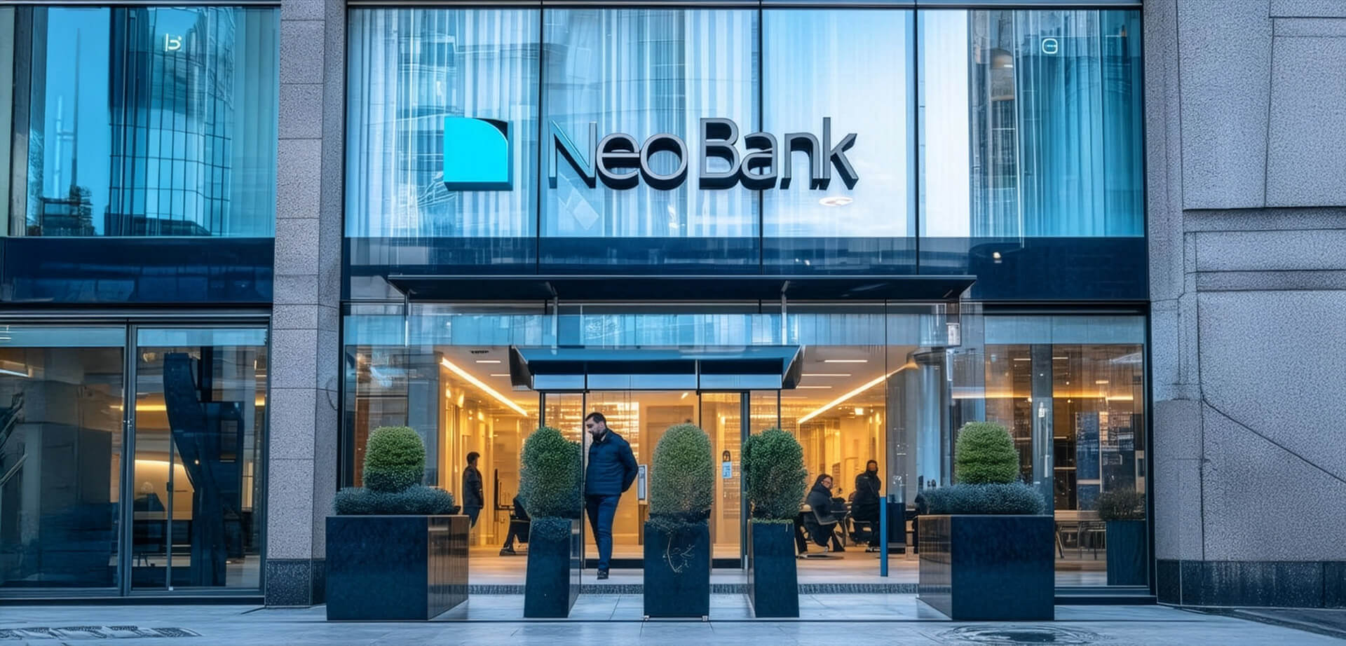 This image features the entrance to a financial institution named "Neo Bank".
