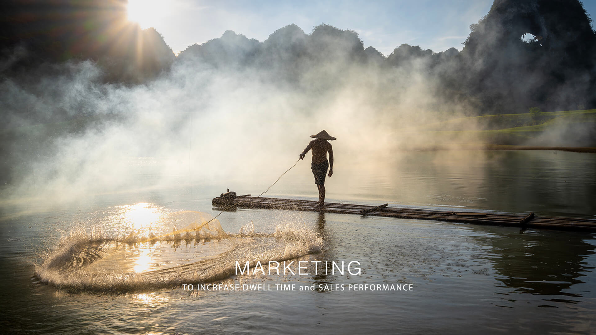 The image features a traditional fisherman casting a net from a raft in Vietnam. Increasing his share of the market. TELECOM MARKETING - TO EDUCATE, INSPIRE, and  INCREASE SALES PERFORMANCE.