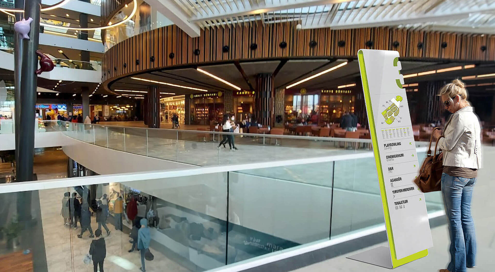 Marmara Forum shopping mall in Istanbul, Turkey, featuring a modern multi-level atrium and wayfinding signage.