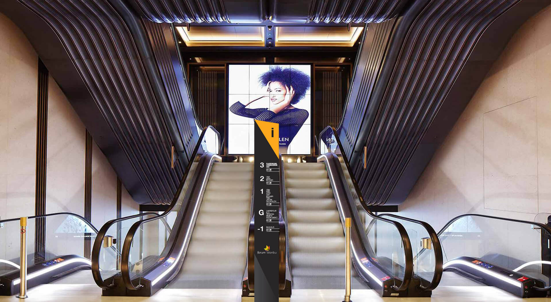 The image shows a directory map and wayfinding for escalators in Forum Istanbul Mall.