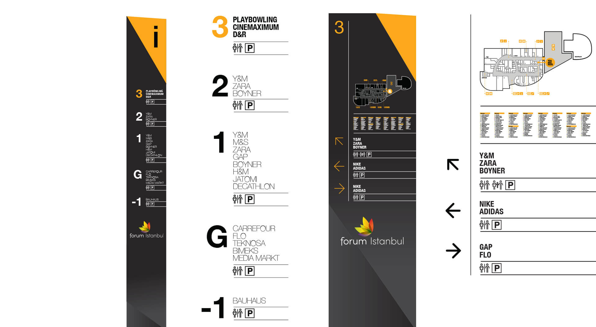 Forum Istanbul shopping mall directory and wayfinding signage system.