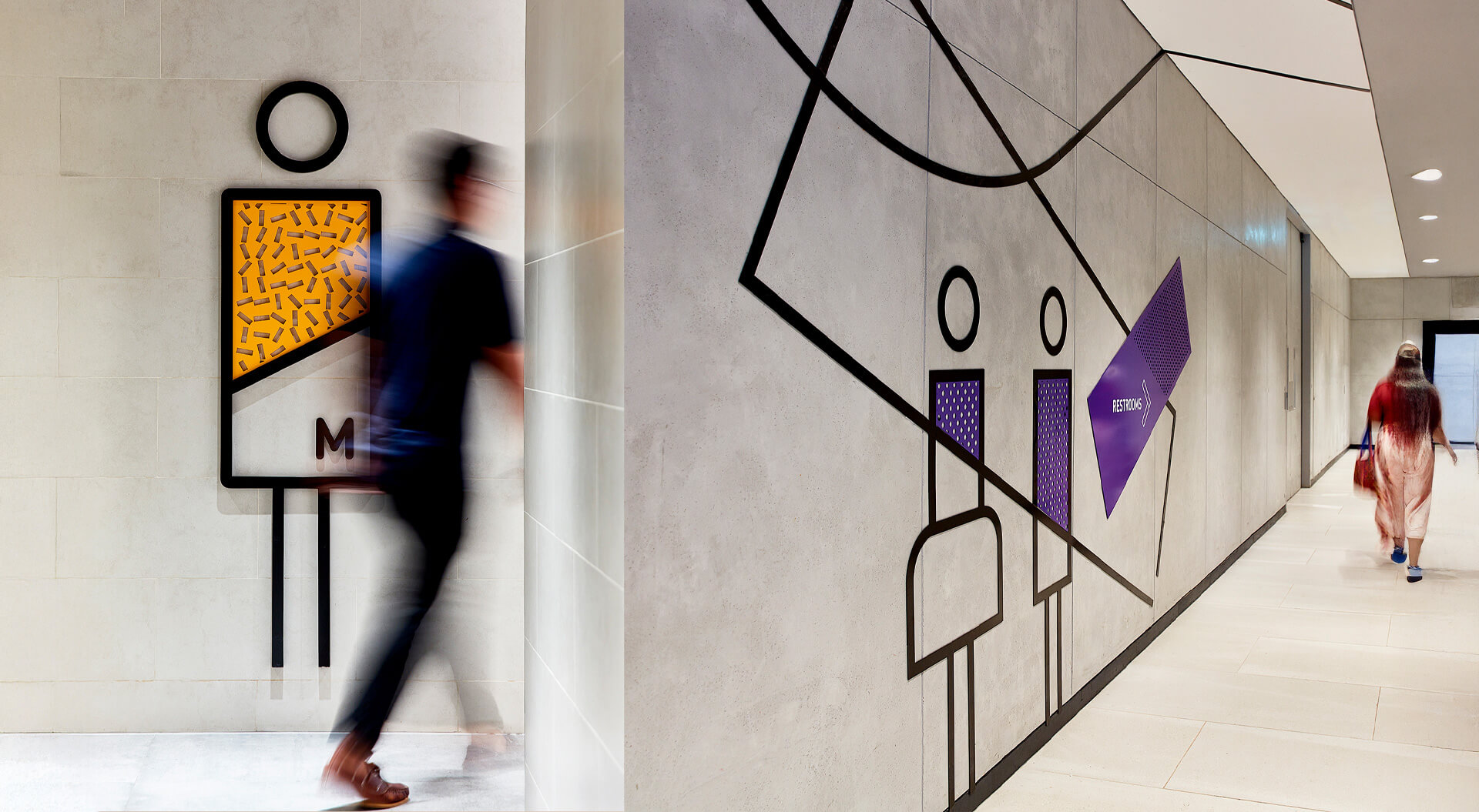 The image shows creative geometric restroom signage designed by THERE for the Funan Mall in Singapore.