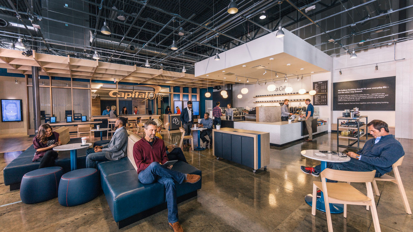 Capital One experiential bank branch rebrand interior design and innovation lifestyle concepts Capital One experiential bank branch rebrand interior design and innovation lifestyle concepts