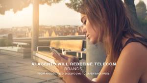This image promotes a presentation or article exploring how artificial intelligence is transforming telecommunications, specifically shifting from basic digital sales to immersive, personalized customer experience hubs.