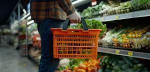 Mann mit orangem Einkaufskorb beim Einkaufen im Supermarkt