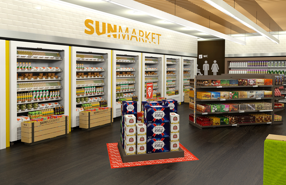 Fresh food convenience store design WOG Sunmarket Ukraine petrol forecourt Fresh food convenience store design WOG Sunmarket Ukraine petrol forecourt