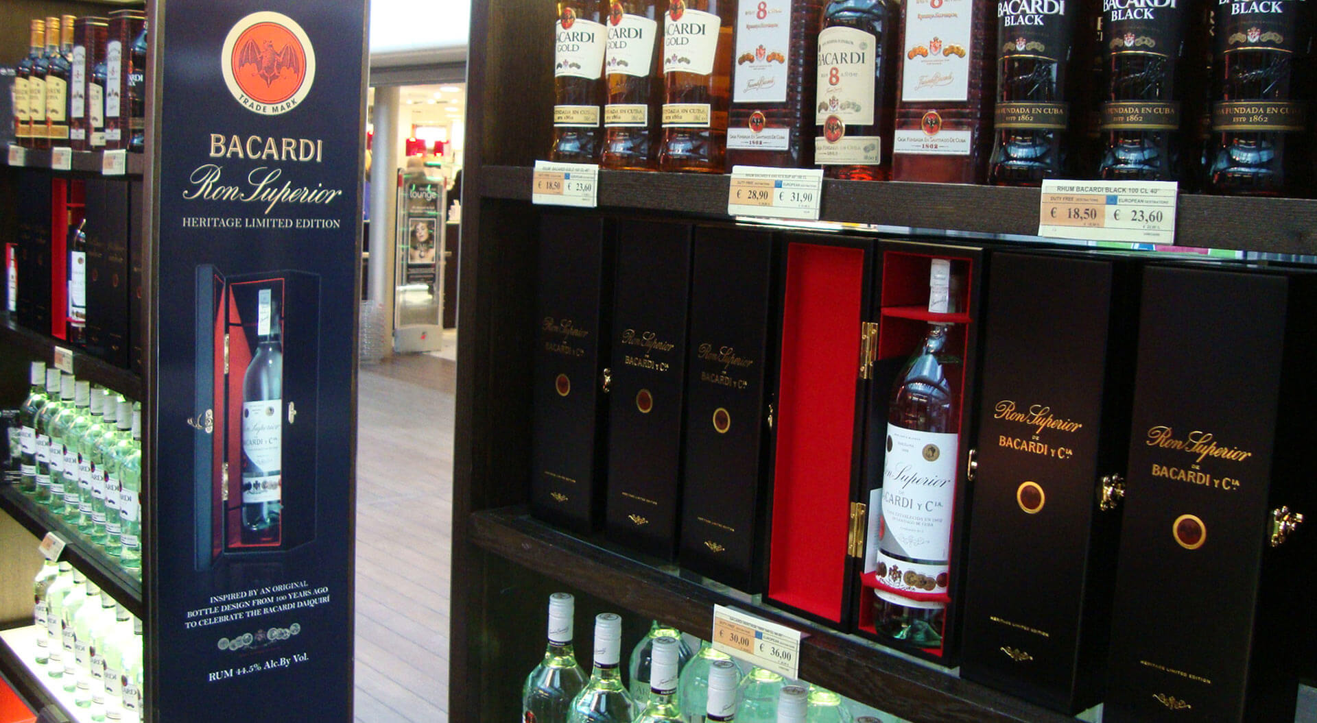 Bacardi Heritage Ron Superior Limited Edition entrance graphics store design at Charles de Gualle Airport Bacardi Heritage Ron Superior Limited Edition entrance graphics store design at Charles de Gualle Airport