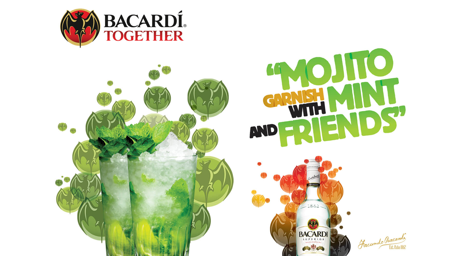Bacardi Together brand identity Mojito garnish with mint and friends promotion campaigns for travel retail airport design Bacardi Together brand identity Mojito garnish with mint and friends promotion campaigns for travel retail airport design