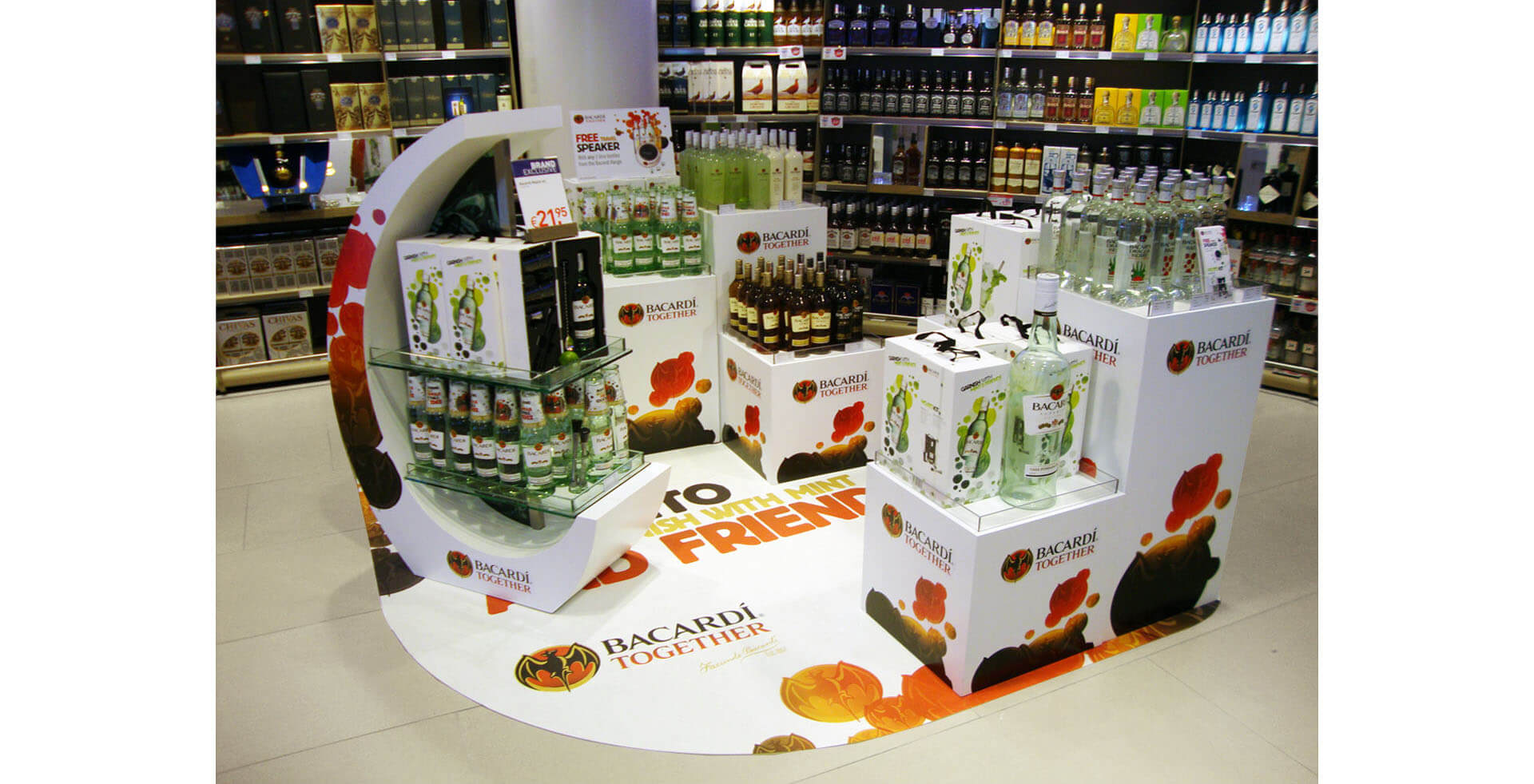 Bacardi Together airport merchandising brand identity Mojito garnish with mint and friends promotion campaigns for travel retail Bacardi Together airport merchandising brand identity Mojito garnish with mint and friends promotion campaigns for travel retail