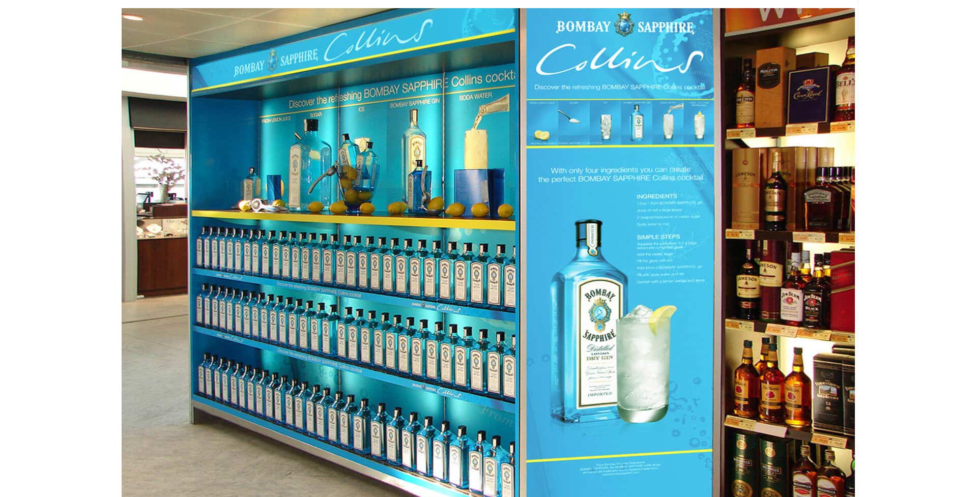 Bombay Sapphire Collins Spirits industry promotion campaigns travel retail design and branding, airport Heathrow Terminal 4, London Bombay Sapphire Collins Spirits industry promotion campaigns travel retail design and branding, airport Heathrow Terminal 4, London