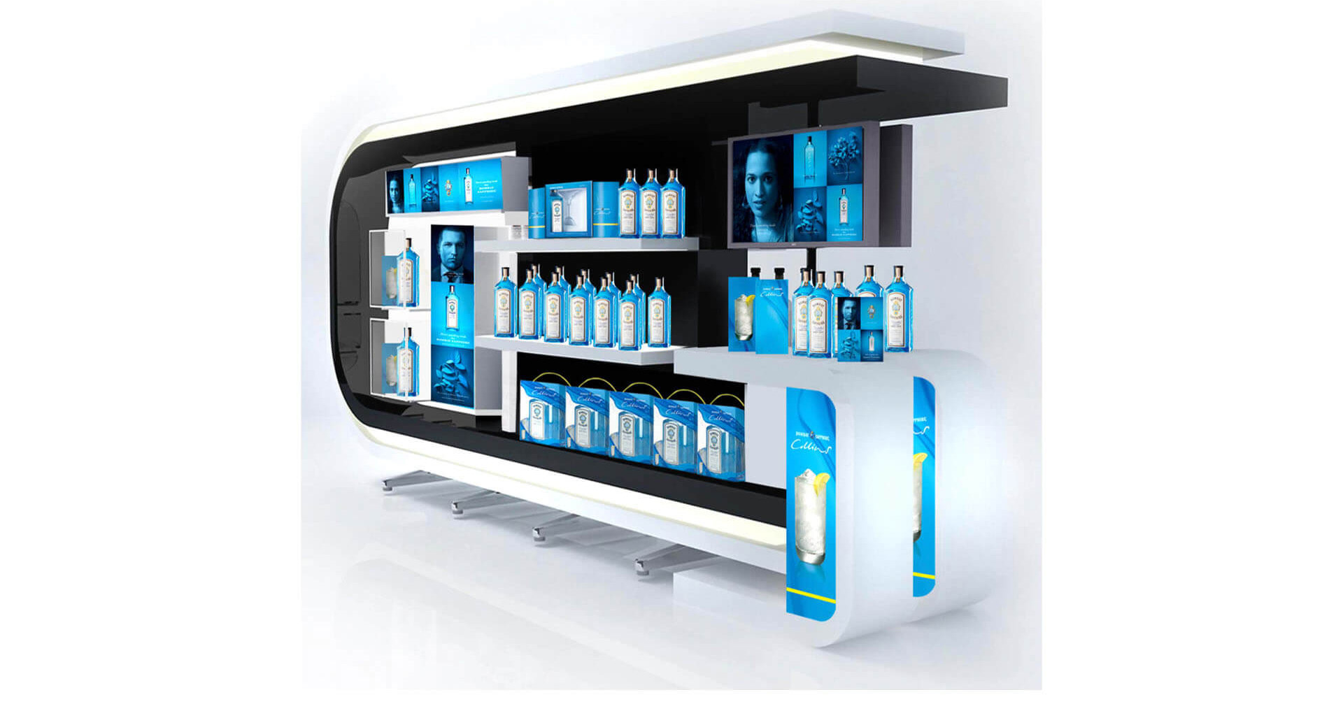 Bombay Sapphire Collins Spirits industry duty-free alcohol merchandising concepts Bombay Sapphire Collins Spirits industry duty-free alcohol merchandising concepts