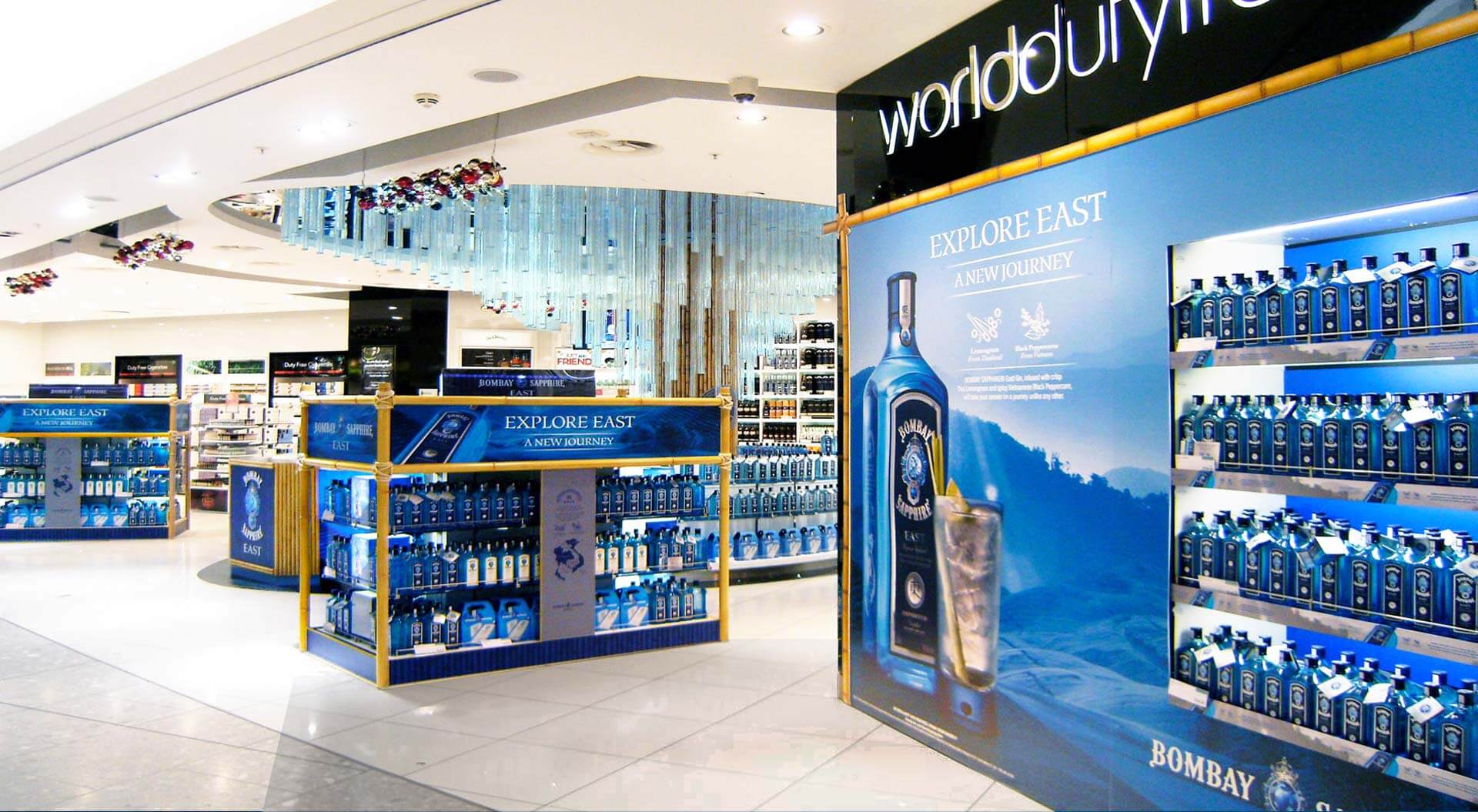 Bombay Sapphire East Spirits industry promotion campaigns store design World Duty Free Heathrow Terminal 5 and branding Bombay Sapphire East Spirits industry promotion campaigns store design World Duty Free Heathrow Terminal 5 and branding