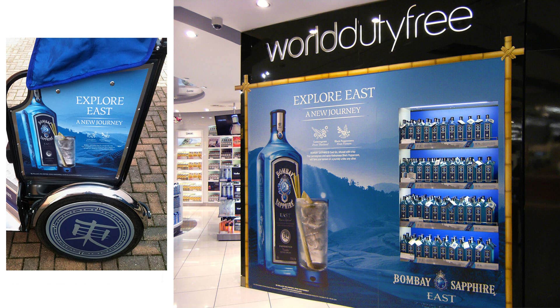 Bombay Sapphire East store branding for World Duty Free Heathrow - Explore East a new journey and tuk tuk design Bombay Sapphire East store branding for World Duty Free Heathrow - Explore East a new journey and tuk tuk design