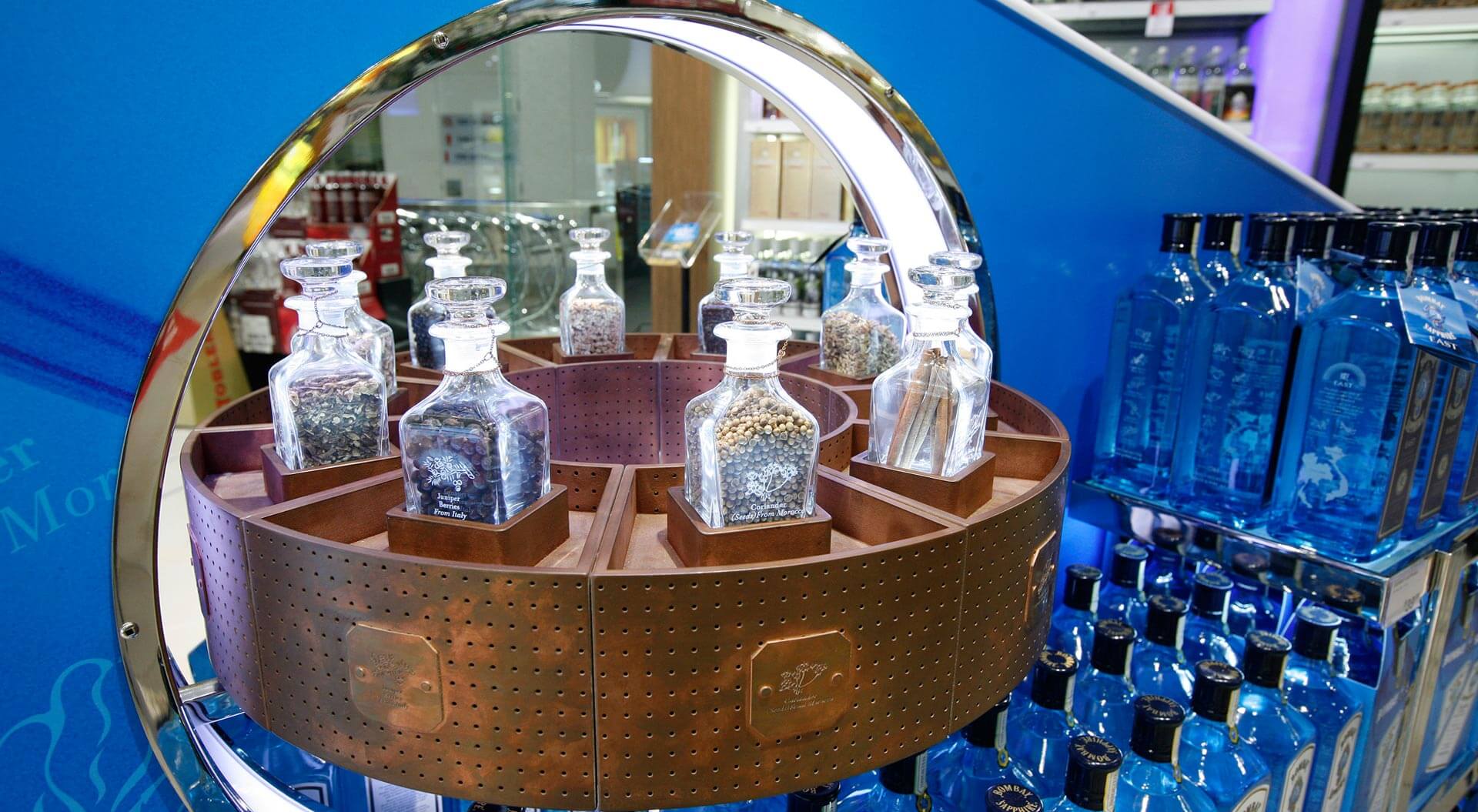 Bacardi Bombay Sapphire spirits industry promotion merchandising systems design at Sydney airport for duty free travel retail