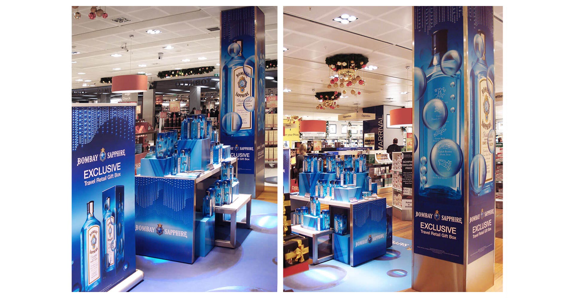 Bombay Sapphire Reign merchandising display striking visual effect in each airport installation Bombay Sapphire Reign merchandising display striking visual effect in each airport installation