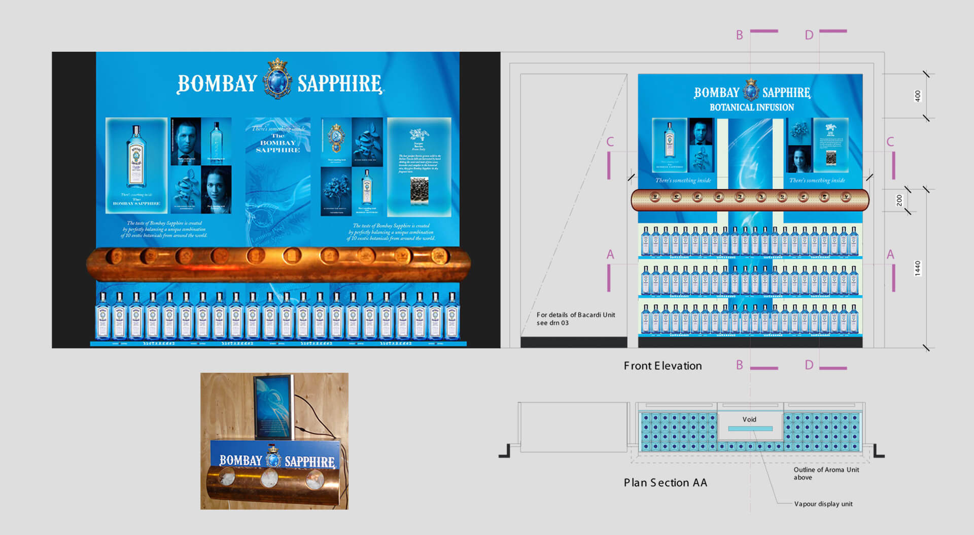 Bombay Sapphire new wall-mounted gondola design in Auckland duty free airport Bombay Sapphire new wall-mounted gondola design in Auckland duty free airport
