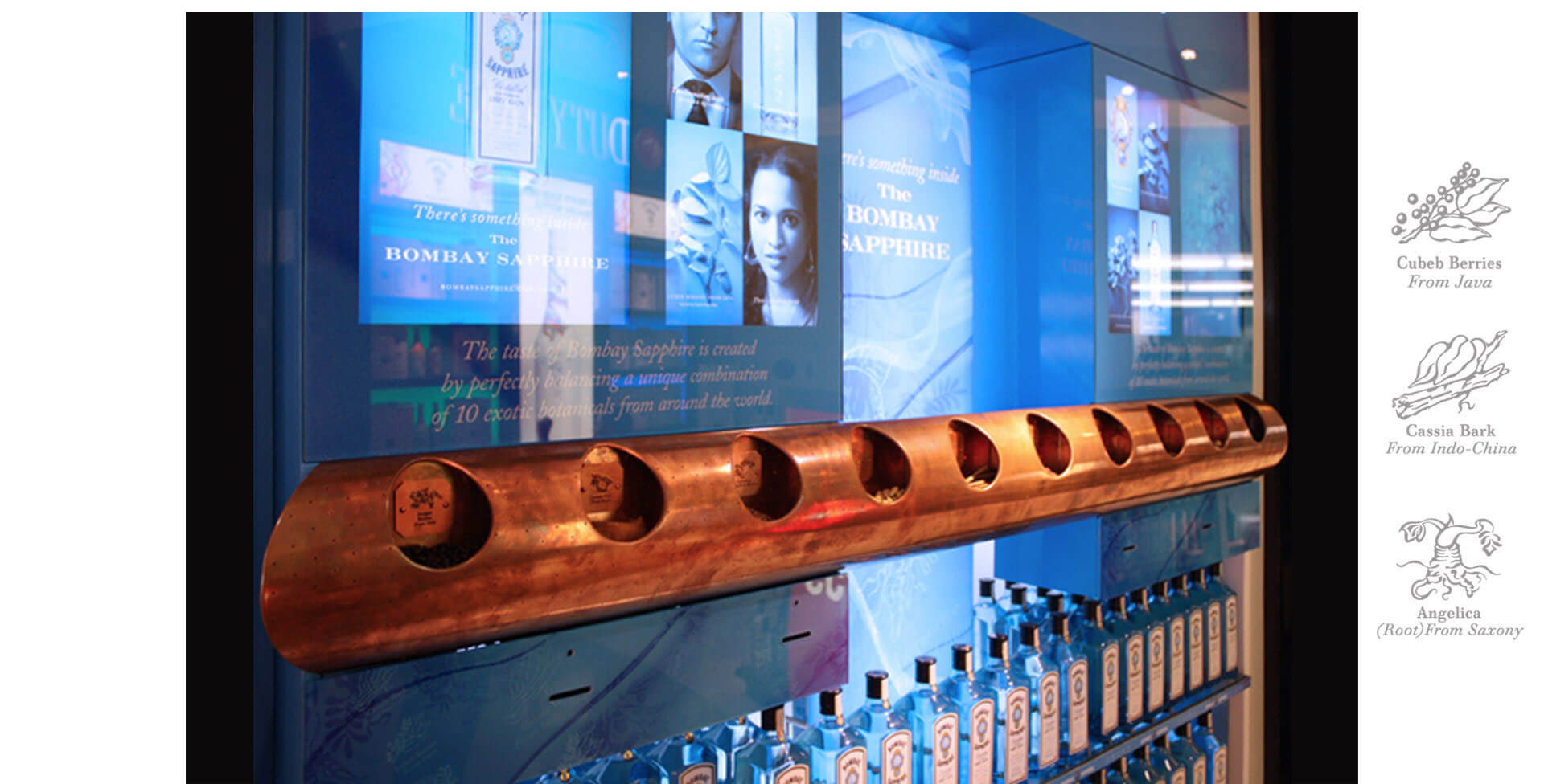 Bombay Sapphire new sensory interactive wall-mounted gondola design in Auckland duty free airport Bombay Sapphire new sensory interactive wall-mounted gondola design in Auckland duty free airport
