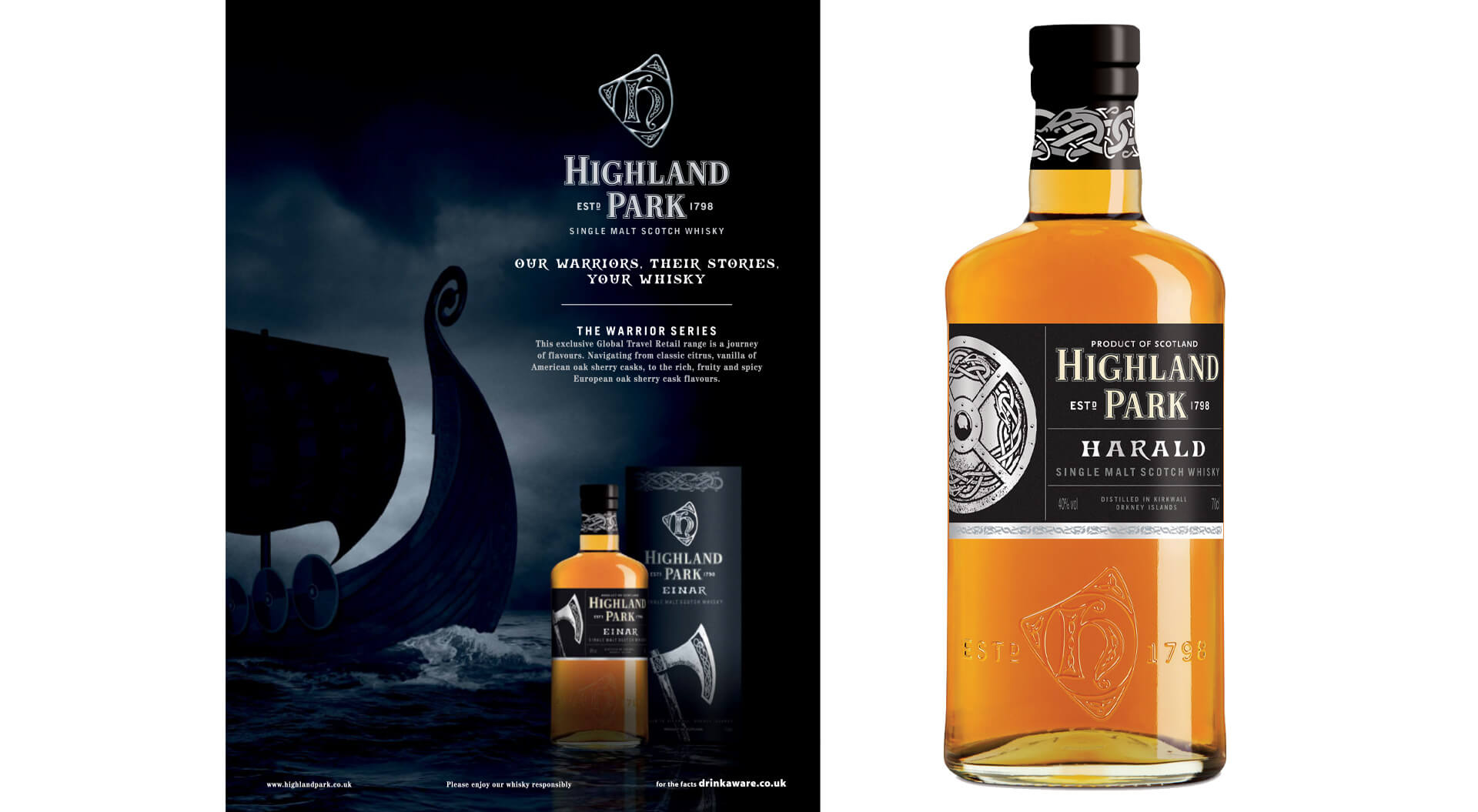 Highland Park Single Malt Scotch Whisky packaging design for Harald and brand marketing for airports duty free Highland Park Single Malt Scotch Whisky packaging design for Harald and brand marketing for airports duty free