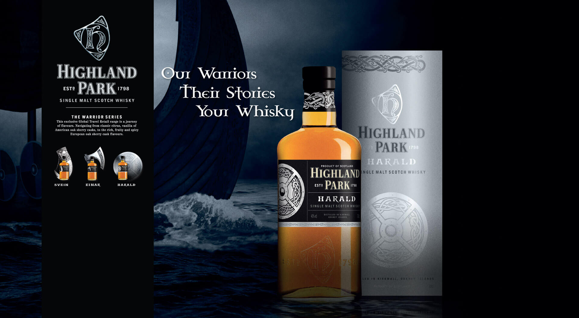 Highland Park Single Malt Scotch Whisky packaging design for Harald and brand marketing for airports duty free Highland Park Single Malt Scotch Whisky packaging design for Harald and brand marketing for airports duty free