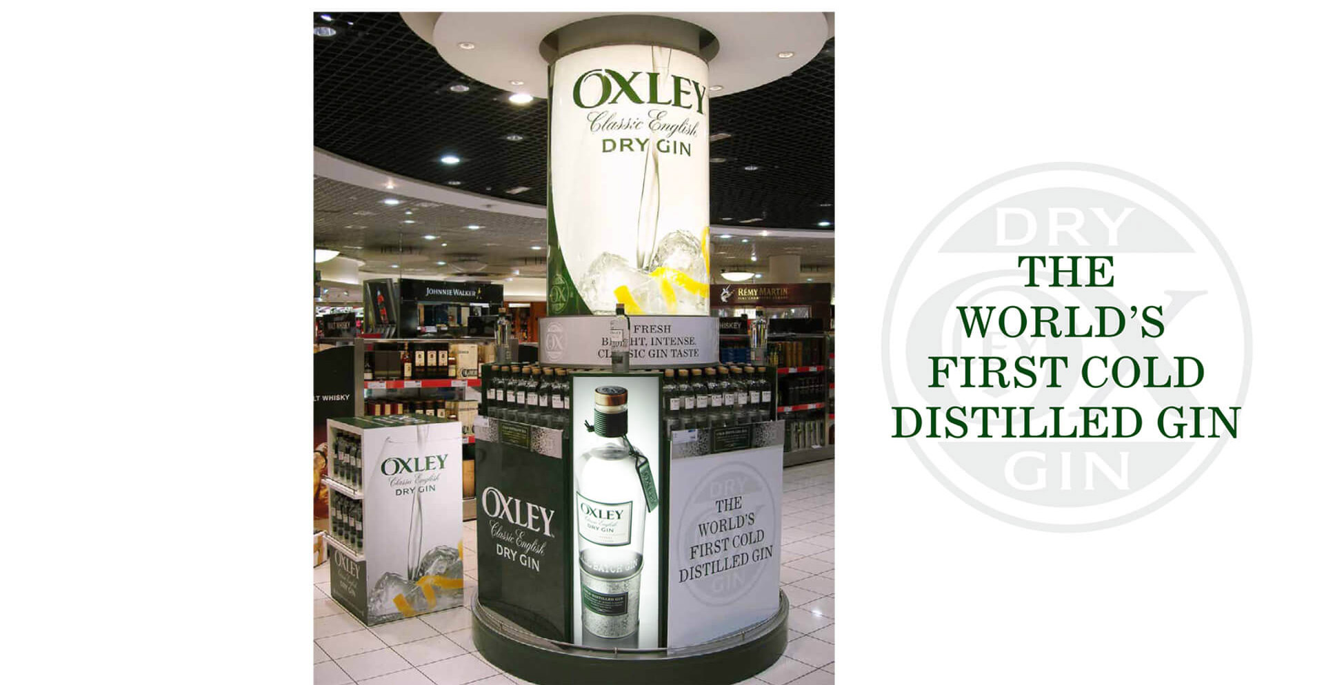 Oxley Gin Heathrow Terminal 3 branding and merchandising promotion campaign travel retail for Bacardi Global Travel Retail Oxley Gin Heathrow Terminal 3 branding and merchandising promotion campaign travel retail for Bacardi Global Travel Retail