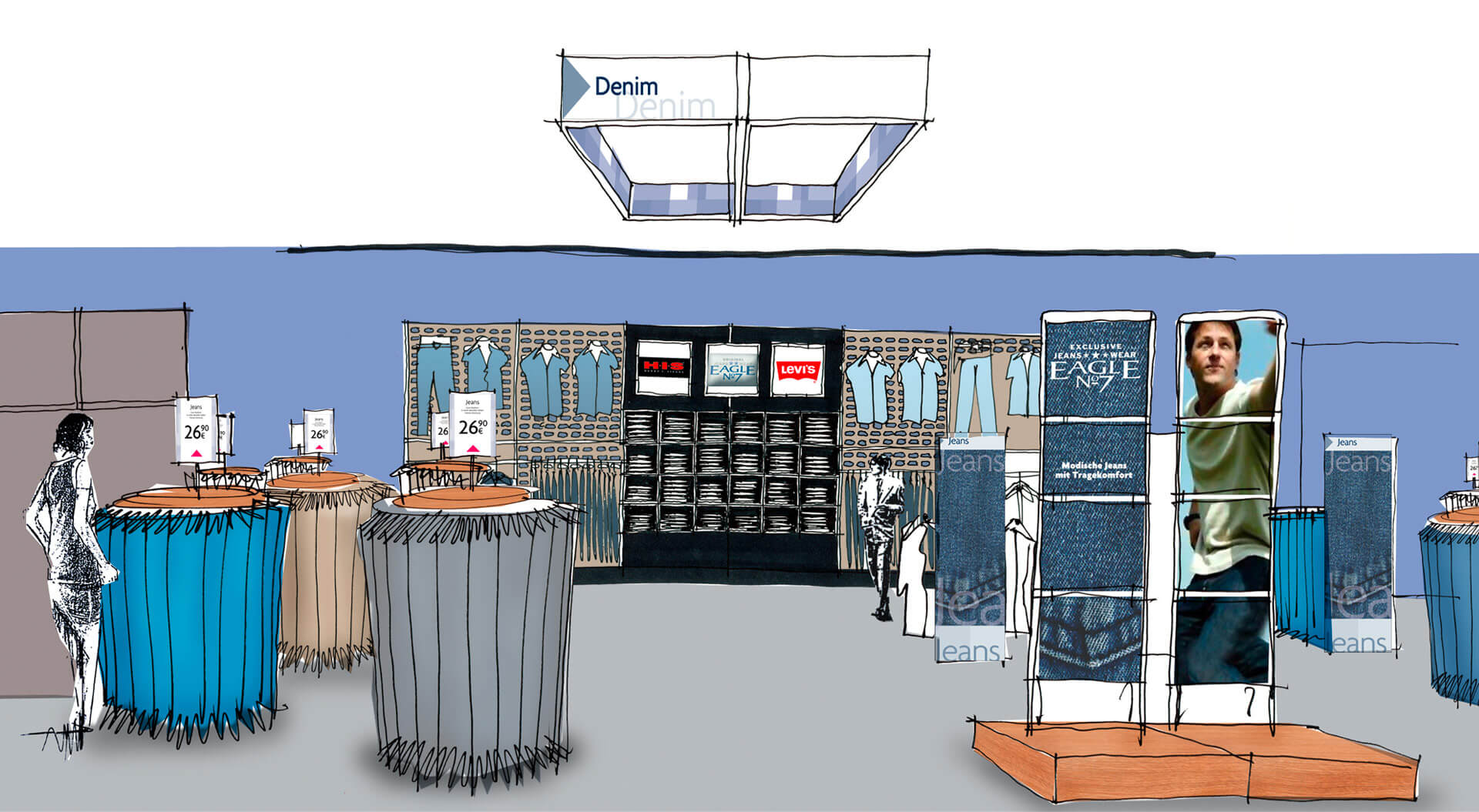 Adler Fashion Store Germany sketch of retail store interior design menswear jeans department Adler Fashion Store Germany sketch of retail store interior design menswear jeans department