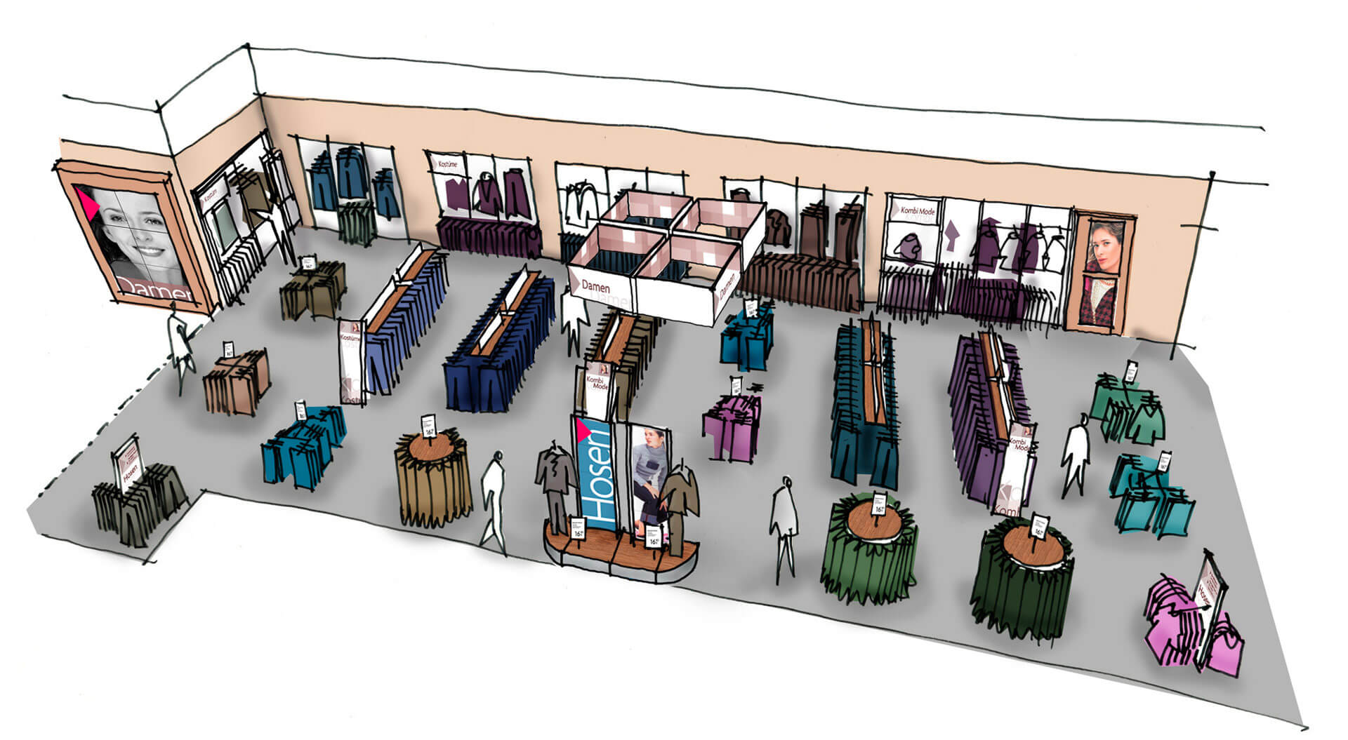 Adler Fashion Store Germany sketch of retail store interior design womens wear jeans department Adler Fashion Store Germany sketch of retail store interior design womens wear jeans department