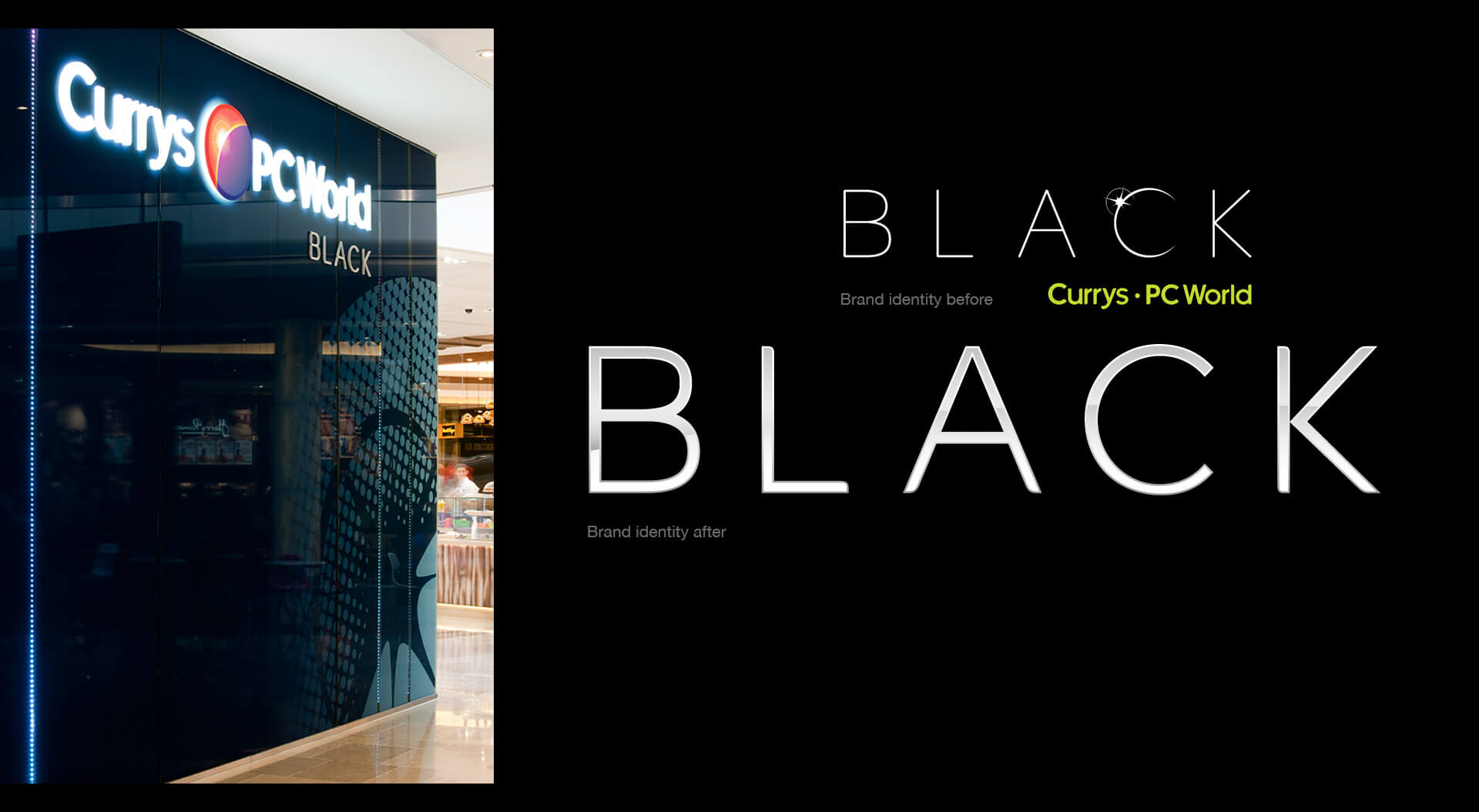 Currys PC World Black brand identity and store entrance Black Technology Typographic evolution of the brand identity
