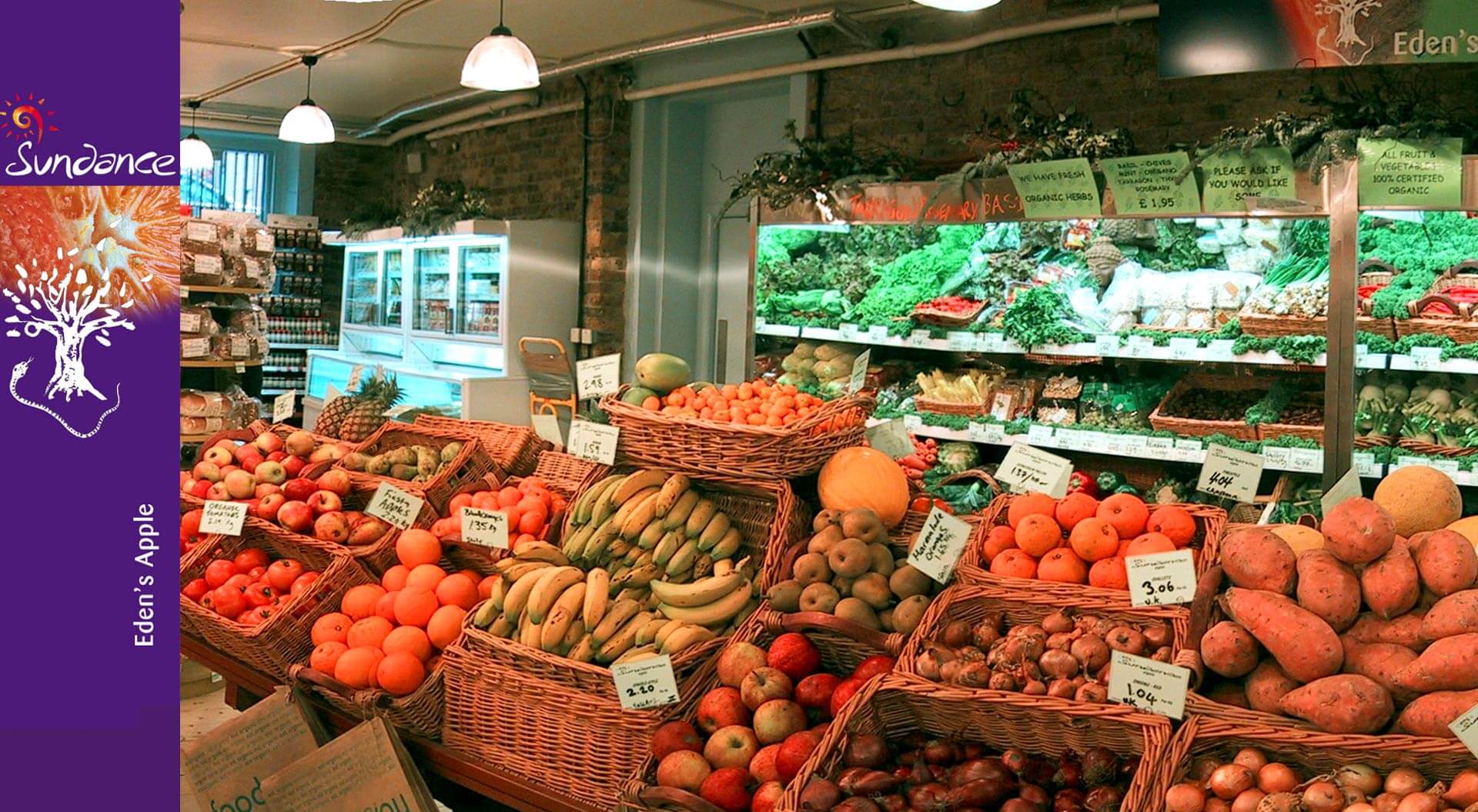 Sundace Organic supermarket fresh produce display with department branding Sundace Organic supermarket fresh produce display with department branding