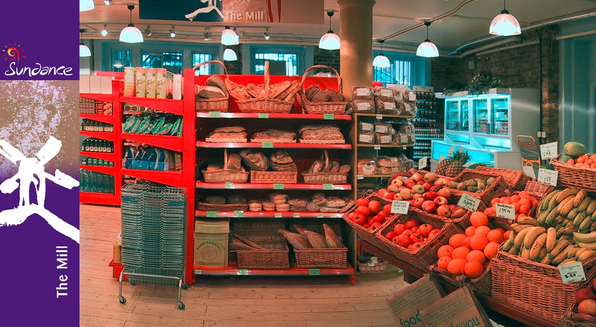 Sundace Organic supermarket fresh produce and bakery department with branding Sundace Organic supermarket fresh produce and bakery department with branding