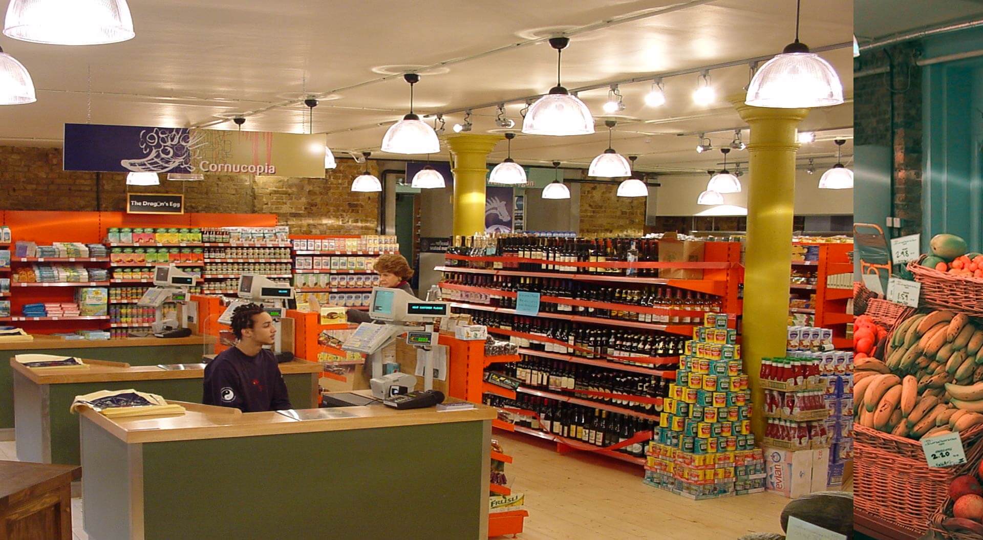Sundace Organic supermarket interior design with checkout and branding Sundace Organic supermarket interior design with checkout and branding