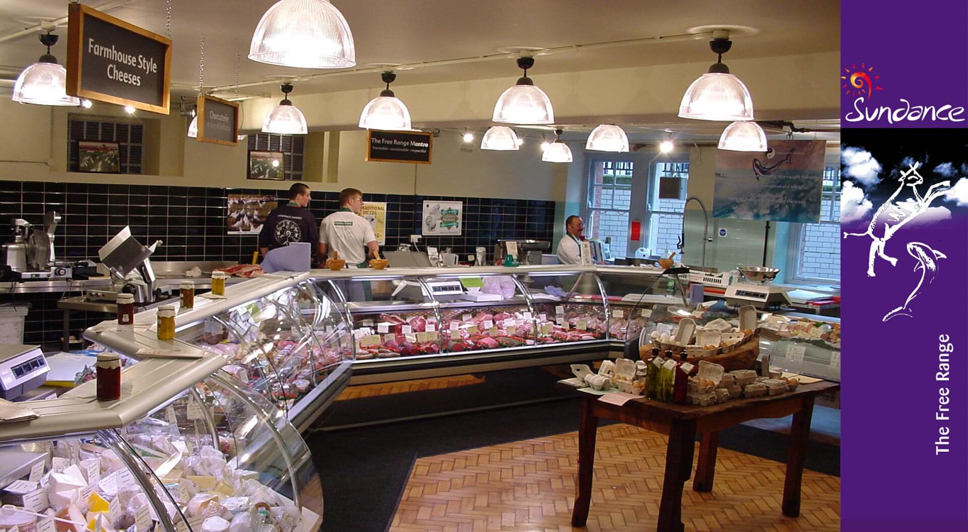 Sundace Organic supermarket interior design with free range meat and cheese branding Sundace Organic supermarket interior design with free range meat and cheese branding
