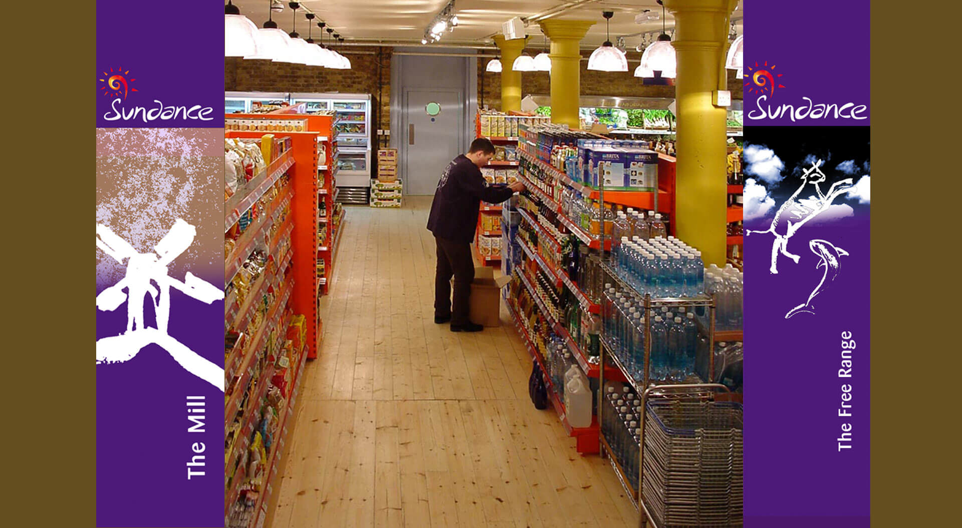 Sundace Organic supermarket interior store design with department branding banners Sundace Organic supermarket interior store design with department branding banners