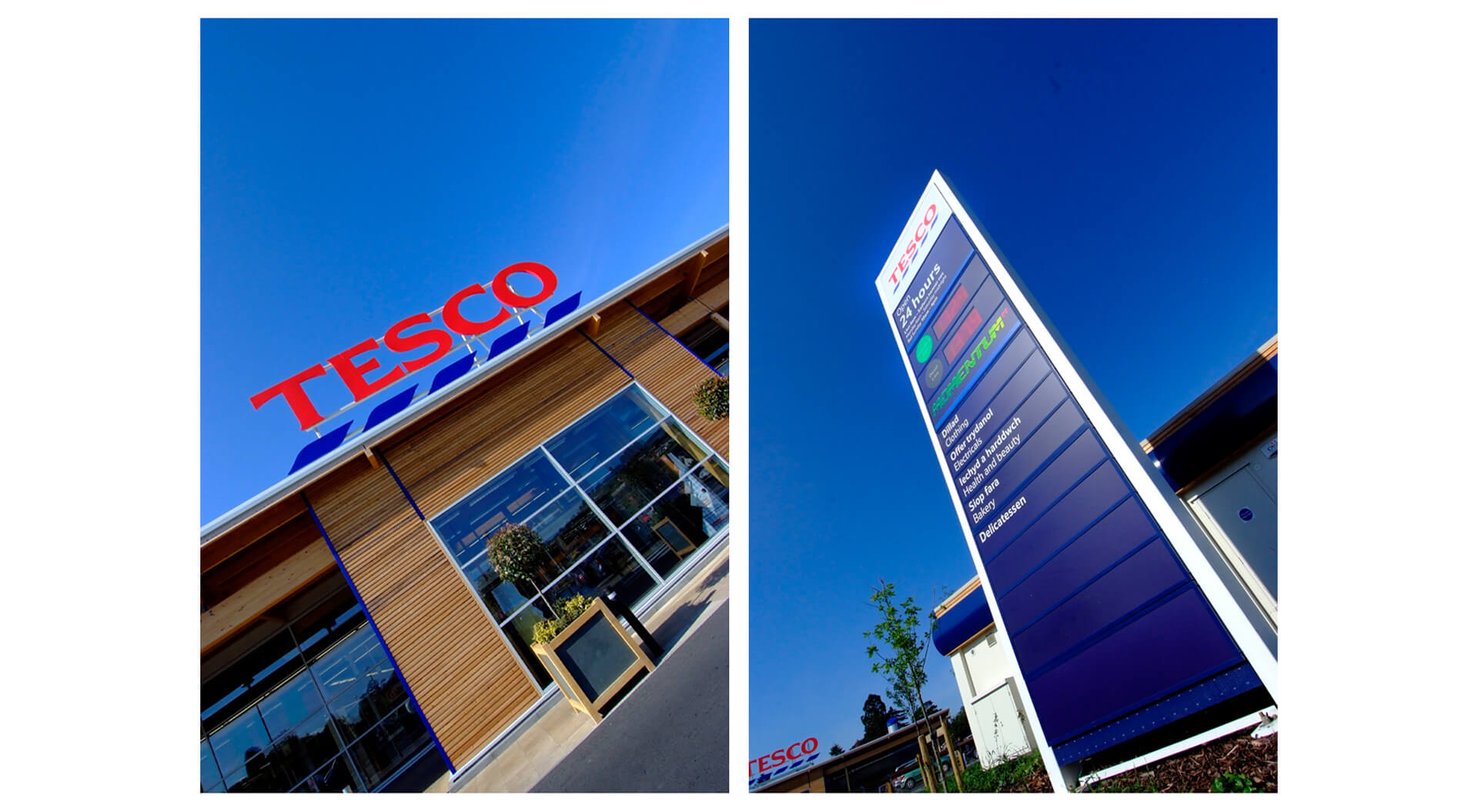 Tesco supermarket welshpool store exterior signage and branding Tesco supermarket welshpool store exterior signage and branding